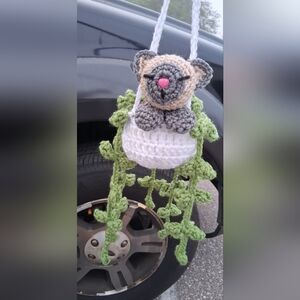 Handmade Crochet Cat Hanging Planter – White, Gray, Beige & Green
